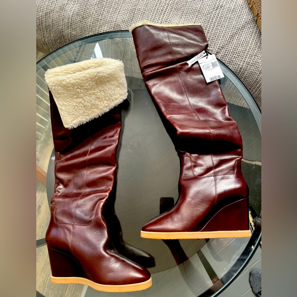 Mango real leather and shearling OTK over the knee boots size 37 NWT